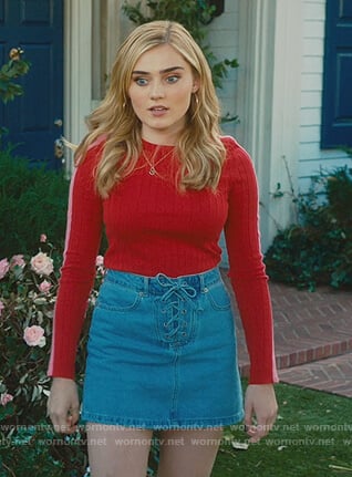 Taylor's red sweater and denim skirt on American Housewife