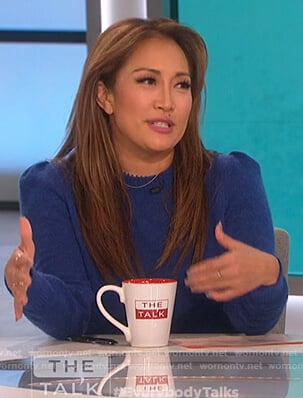 Carrie’s blue puff shoulder sweater on The Talk