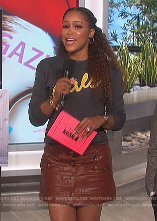 Eve’s brown leather mini skirt on The Talk