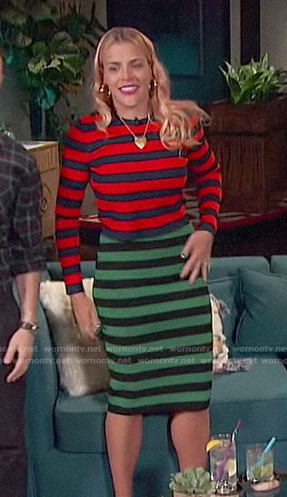 Busy’s red striped top and green skirt on Busy Tonight