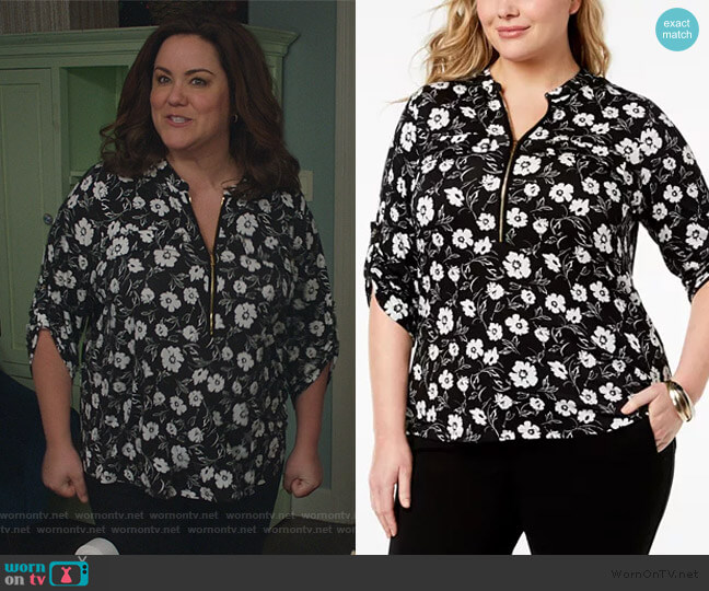 Plus Size Zip-Front Shirt by Calvin Klein worn by Katie Otto (Katy Mixon) on American Housewife