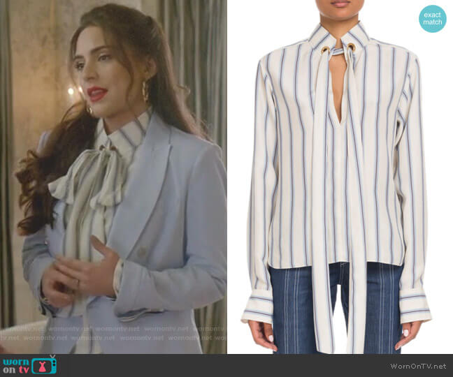 Tie-Neck Long-Sleeve Striped Silk Blouse by Chloe worn by Cristal Jennings (Daniella Alonso) on Dynasty