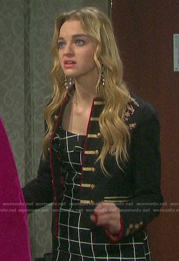 Claire's black checked dress and embroidered jacket on Days of our Lives