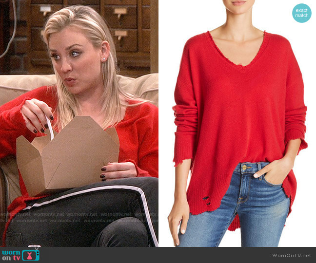 WornOnTV: Penny’s red frayed trim sweater and side striped jeans on The ...