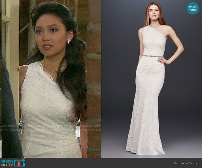 Davids Bridal Scalloped One-Shoulder Lace Sheath Gown worn by Haley Chen (Thia Megia) on Days of our Lives