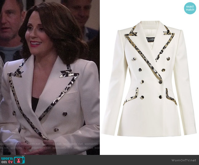 Leopard-print trim double-breasted crepe blazer by Dolce & Gabbana worn by Karen Walker (Megan Mullally) on Will and Grace