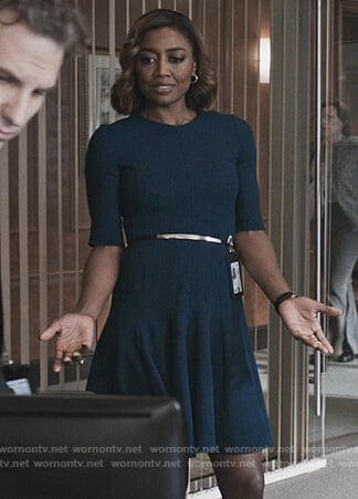 Daisy's navy fit and flare dress on Madam Secretary