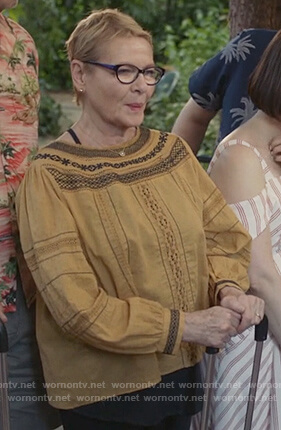 Joan's embroidered blouse on Life in Pieces
