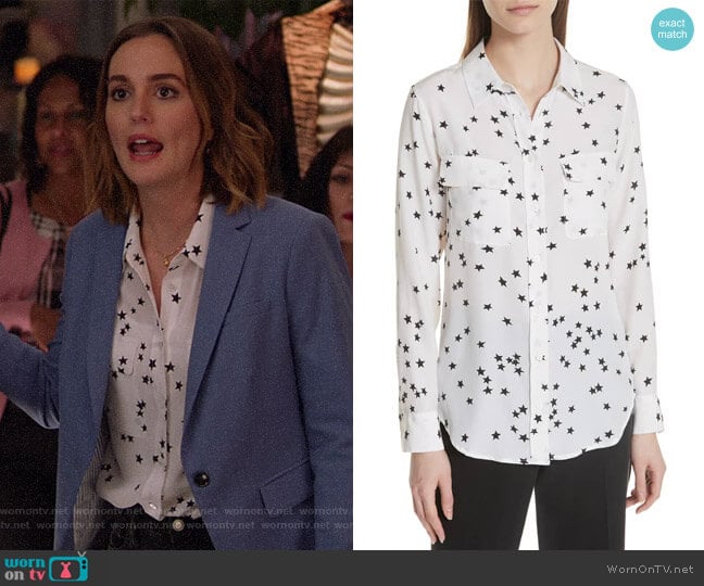 Starry Night Silk Shirt by Equipment worn by Angie (Leighton Meester) on Single Parents