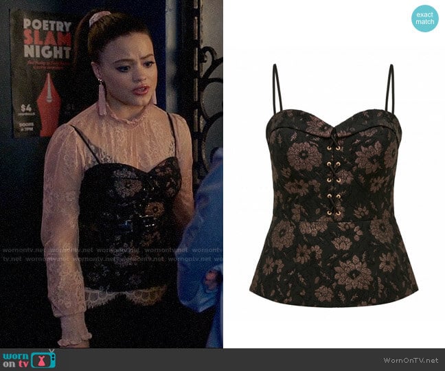 Ever New Gwen Floral Lace Up Metallic Top worn by Maggie Vera (Sarah Jeffery) on Charmed