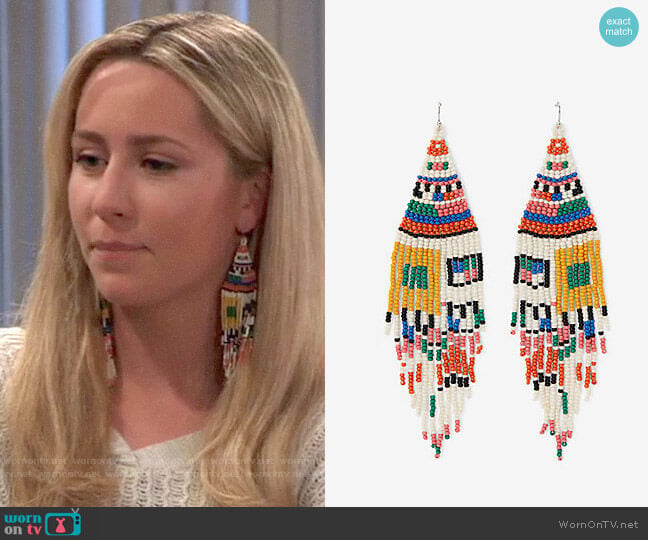 Express Seed Bead Southwest Color Block Fringe Drop Earrings worn by Josslyn Jacks (Eden McCoy) on General Hospital