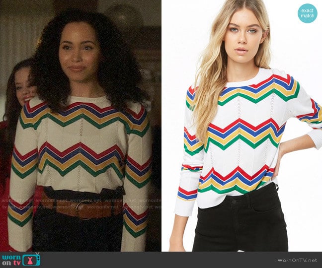 Forever 21 Chevron Crew Neck Sweater worn by Macy Vaughn (Madeleine Mantock) on Charmed