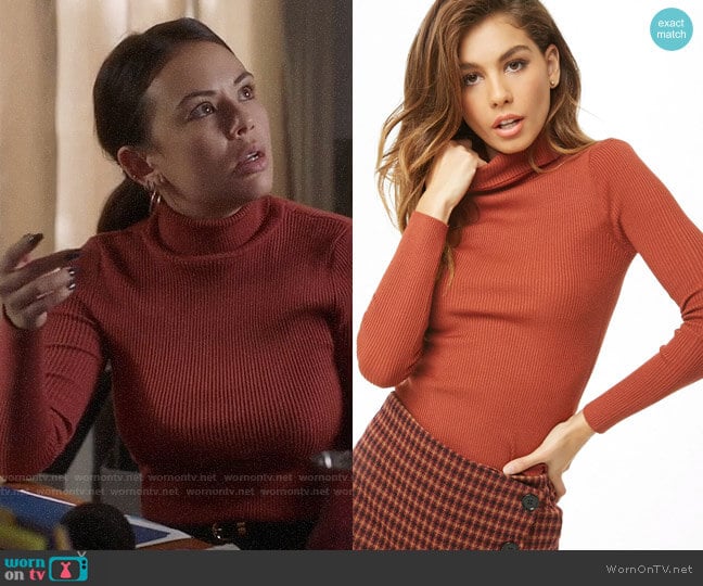 Forever 21 Ribbed Turtleneck Top in Rust worn by Mona Vanderwaal (Janel Parrish) on Pretty Little Liars The Perfectionists