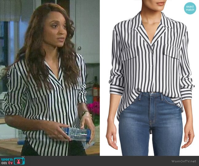 Frame Striped Silk Button-Front Long-Sleeve Top worn by Lani Price (Sal Stowers) on Days of our Lives