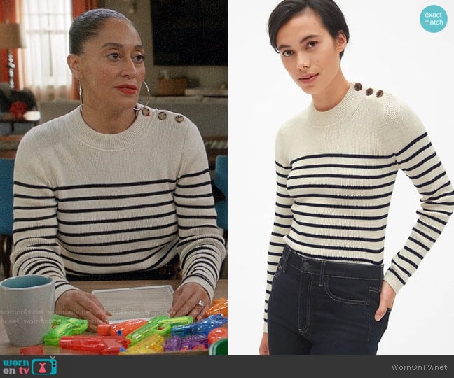 Gap Stripe Button-Shoulder Pullover Sweater worn by Rainbow Johnson (Tracee Ellis Ross) on Black-ish