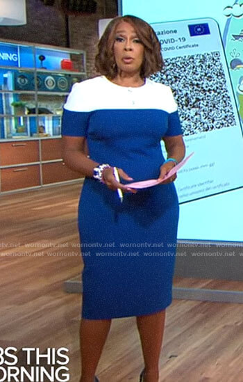 Gayle's blue and white colorblock dress on CBS This Morning