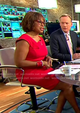 Gayle’s red asymmetric neckline dress on CBS Mornings