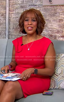 Gayle’s red asymmetric neck dress on CBS Mornings