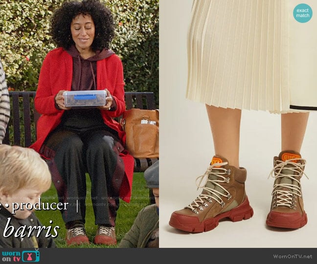 Gucci Flashtrek leather high-top trainers worn by Rainbow Johnson (Tracee Ellis Ross) on Black-ish