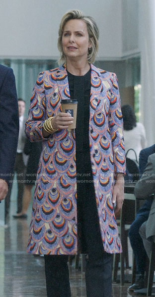 Jacqueline's peacock feather print coat on The Bold Type