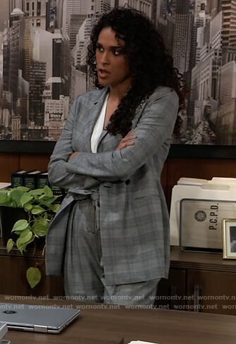 Jordan’s grey plaid suit with yellow cuffs on General Hospital