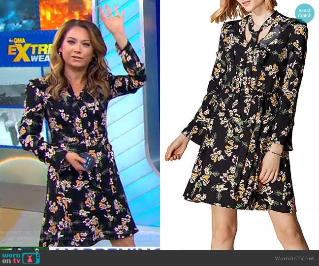 Daisy Print Tie-Neck Dress by Karen Millen worn by Ginger Zee on Good Morning America