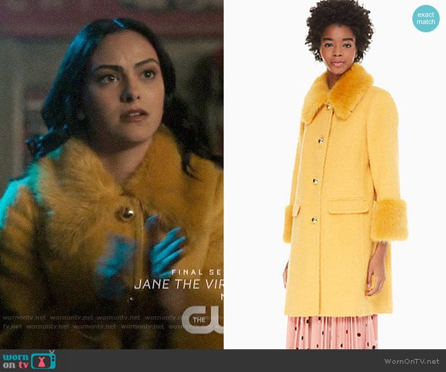 Kate Spade Fluffy Wool Faux Fur Trim Coat worn by Veronica Lodge (Camila Mendes) on Riverdale