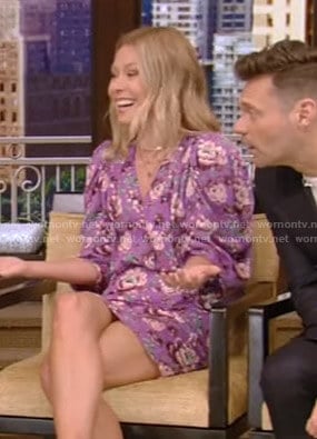 Kelly’s purple floral print mini dress on Live with Kelly and Ryan