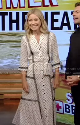 Kelly's white printed dress with black embroidery on Live with Kelly and Ryan