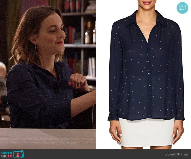 Nina Star-Print Silk Blouse by L'Agence worn by Angie (Leighton Meester) on Single Parents