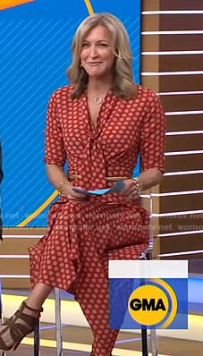 Lara’s orange printed tie neck dress on Good Morning America