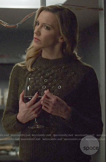 Laurel's olive ring embellished sweater on Arrow