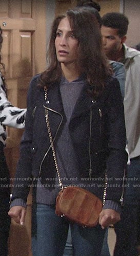 Lily’s navy suede moto jacket on The Young and the Restless