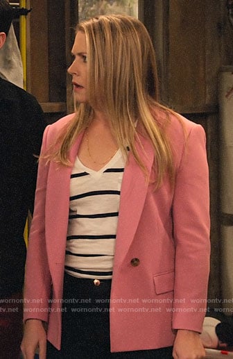 Liz's striped tee and pink blazer on No Good Nick