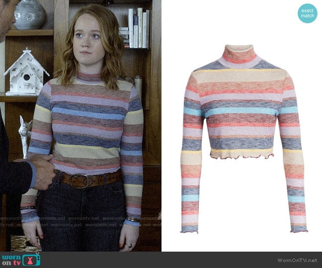 Love,Fire Stripe Mock Neck Top worn by Abby Hammond (Liv Hewson) on Santa Clarita Diet