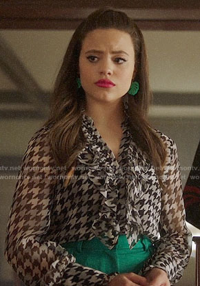 Maggie’s ruffled houndstooth blouse and green leaf earrings on Charmed