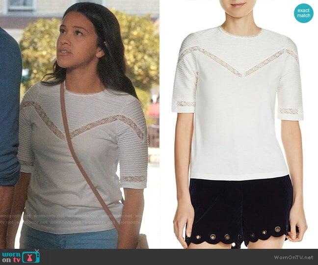 Maje Tasha Lace Seam Tee worn by Jane Villanueva (Gina Rodriguez) on Jane the Virgin