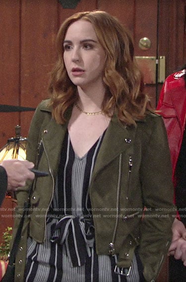 Mariah’s green suede moto jacket on The Young and the Restless