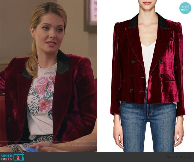 Marion Velvet Double-Breasted Crop Blazer by Masscob worn by Sutton (Meghann Fahy) on The Bold Type