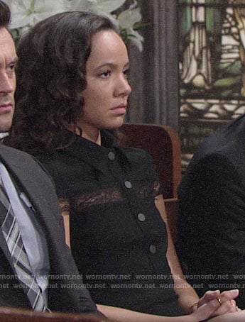 Mattie's black lace-inset shirtdress on The Young and the Restless