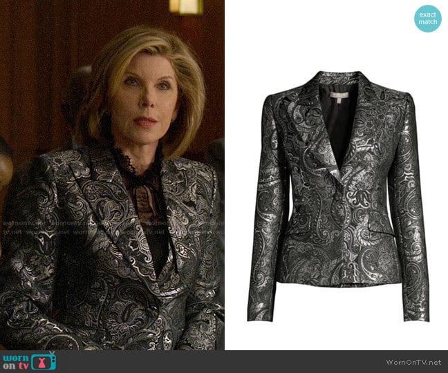 Michael Kors Collection Metallic Paisley Brocade Jacket worn by Diane Lockhart (Christine Baranski) on The Good Fight