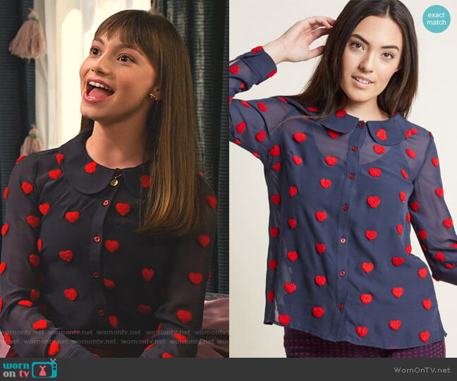 Sheer Chiffon Blouse with Chenille Heart Dots by Modcloth worn by Molly (Lauren Lindsey Donzis) on No Good Nick