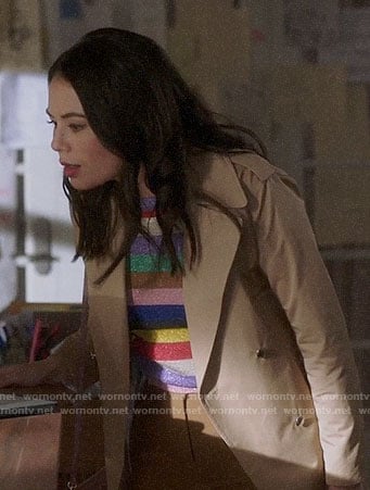 Mona’s rainbow stripe sweater and lace-up back trench coat on Pretty Little Liars The Perfectionists