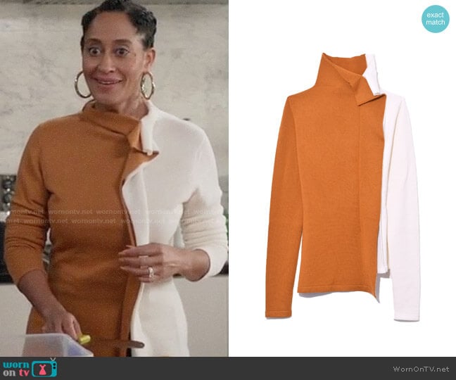 Monse Half and Half Ruffle Turtleneck in Mustard/Ivory worn by Rainbow Johnson (Tracee Ellis Ross) on Black-ish