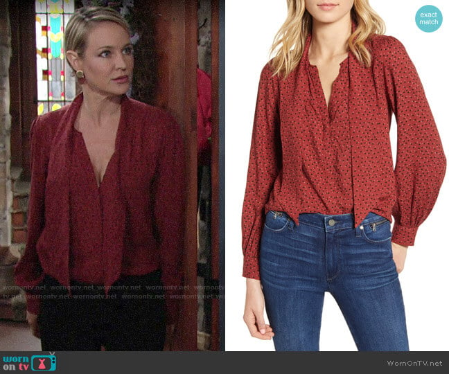 Paige Peteluma Blouse in Dark Rust worn by Sharon Newman (Sharon Case) on The Young and the Restless