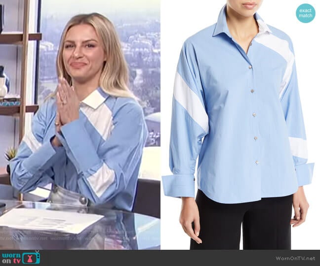 Solo Striped Cotton Paneled Button-Front Shirt by Palmer Harding worn by Morgan Stewart on E! News