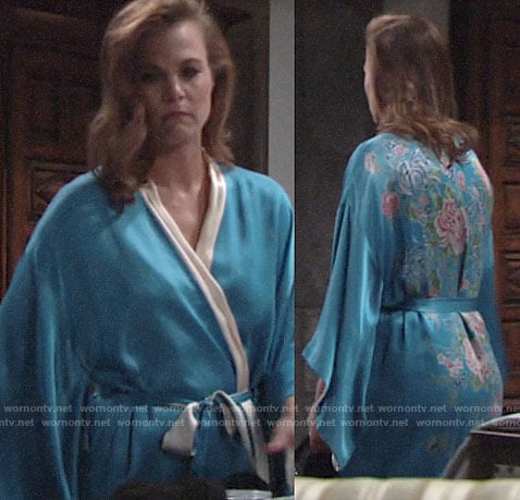 Phyllis's blue robe with floral back on The Young and the Restless