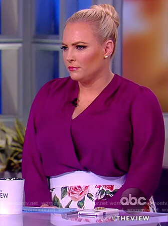 Meghan’s purple wrap top and floral skirt on The View
