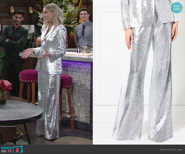 Rachel Zoe Maida Wide-Leg Fluid Sequin Pants worn by Abby Newman (Melissa Ordway) on The Young and the Restless