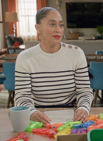 Bo's striped shoulder button sweater on Black-ish